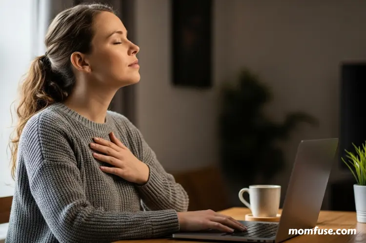 A thoughtful mother sitting quietly with her laptop closed, taking a deep breath