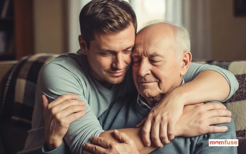 adult son comforting elderly father with supportive hug, emotional family moment.