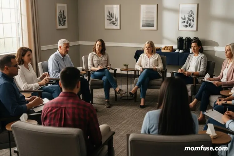 A support-group setting with parents talking and counselors listening. 