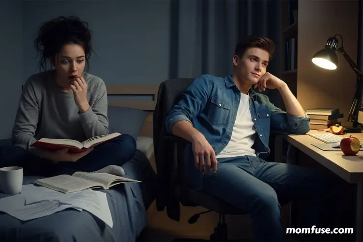 Two teens in the same environment: one looking unsure and stressed, the other calm and thoughtfull.