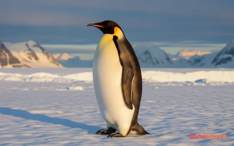 Tall emperor penguin standing majestically, icy Antarctic background, golden neck markings visible, dramatic natural lighting