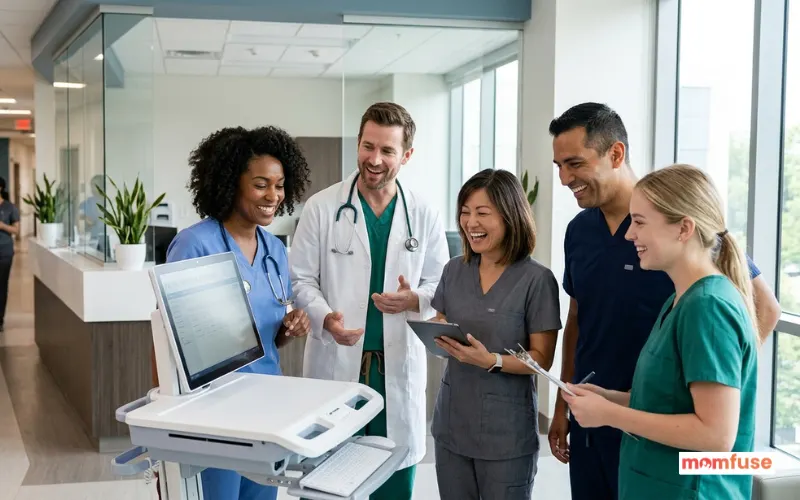 Happy doctors and nurses working together in a modern hospital, positive workplace culture, professional environment.