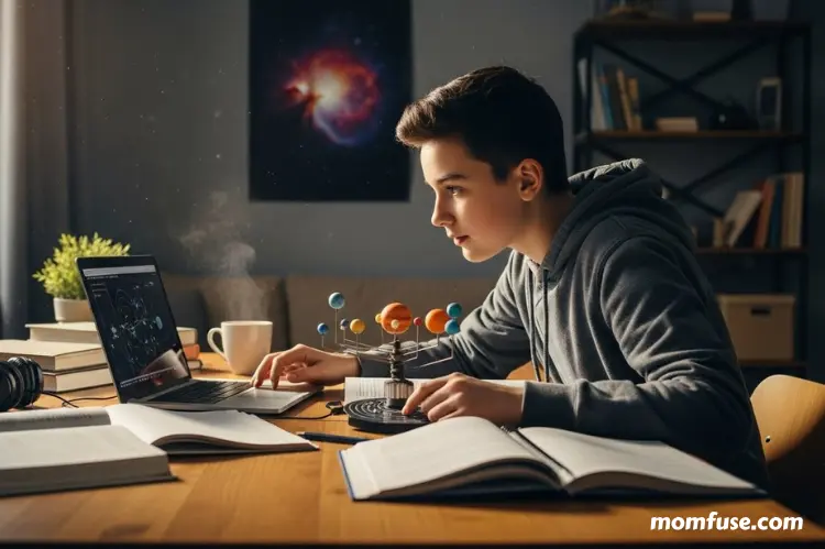 Teen completing a school project alone, with a sense of focus and confidence.