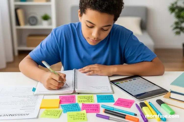 Teen organizing their schoolwork using a planner and digital calendar, with pens, sticky notes.