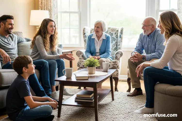 Family members sitting in a circle having an open conversation.