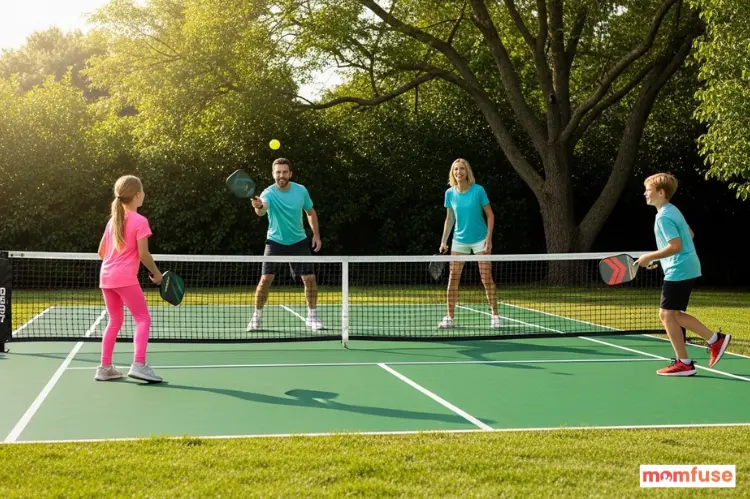 Family exercising outdoors with pickleball, fresh air, active lifestyle, backyard court.