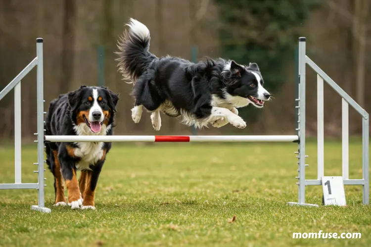 Energetic Border Collie leaping through an agility course, while a Bernese Mountain Dog walks 