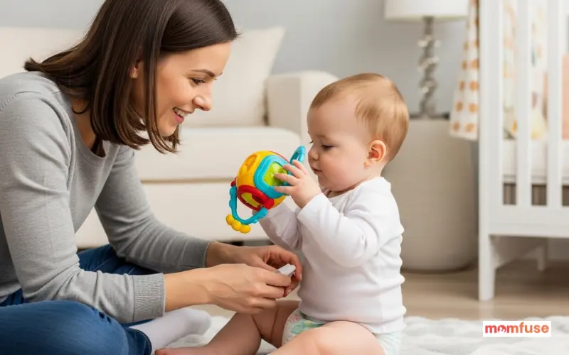 baby playing with colorful toy while parent changes diaper, cheerful interaction, cozy nursery.