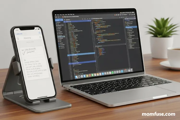 iPhone standing in case beside a laptop as a secondary screen, displaying note.