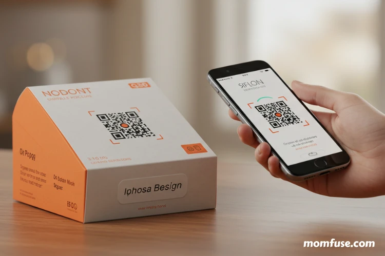 Stylish product packaging featuring a QR code being scanned by a smartphone.