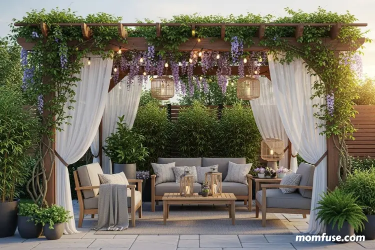 A cozy patio with pergola, tall plants, privacy screens, soft curtains, covered seating area.
