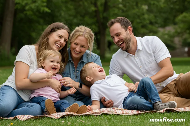 A candid moment of a family laughing together on a picnic blanket.