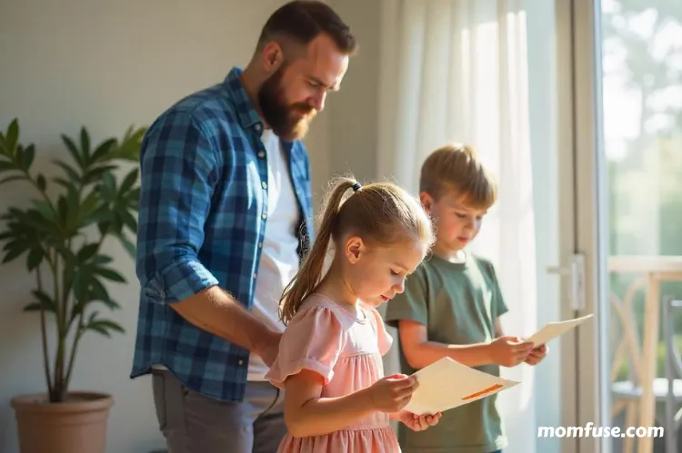 A father and two children choosing paint colors in a room.