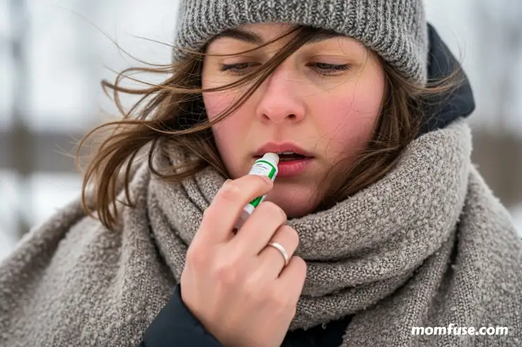 Woman outdoors in cold windy weather protecting lips with balm, winter skincare concept, natural lighting.