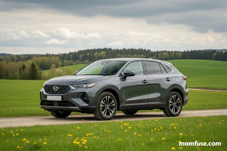 Preowned hybrid SUV driving through green scenic countryside.