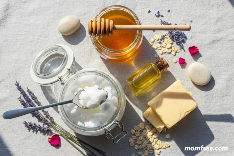 Natural ingredients display: coconut oil, shea butter, jojoba oil, honey, clean beauty flat lay.