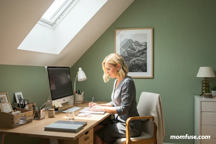 A woman working at a neatly organized desk in a separate home office space.