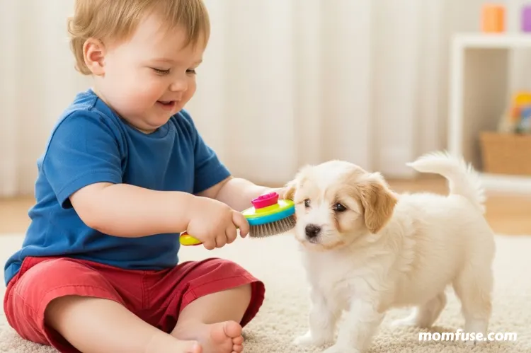 A smiling baby sitting upright while a puppy sits nearby.