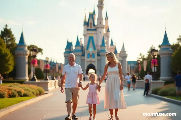 Magic Kingdom castle and Universal Studios attractions with happy families. family summer vacation USA