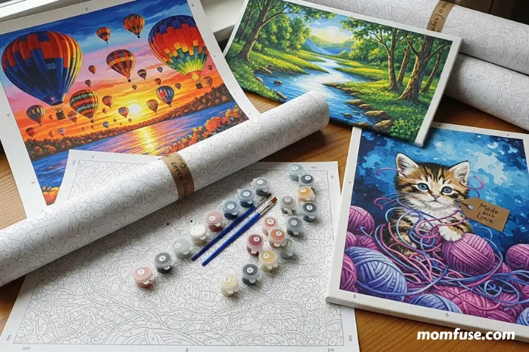 Handmade paint by number kits displayed on a wooden desk, multiple canvas designs.