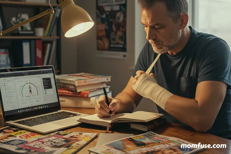 A injured man journaling their recovery progress, sitting at a desk to a fitness tracking app. 