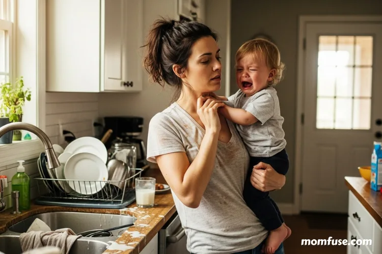 A frazzled mom standing in a messy kitchen holding a crying toddler.