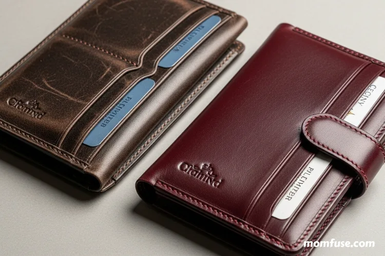 Close-up of two leather wallets side by side