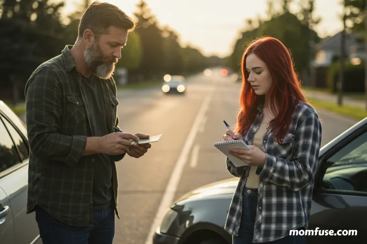 Two drivers calmly exchanging insurance cards and writing details on notepads.