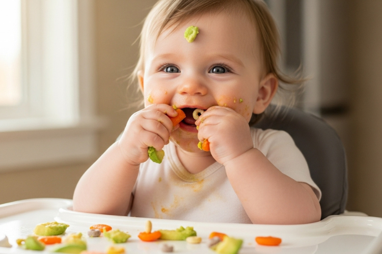 Baby holding soft finger foods, laughing with food on tray, playful mood.