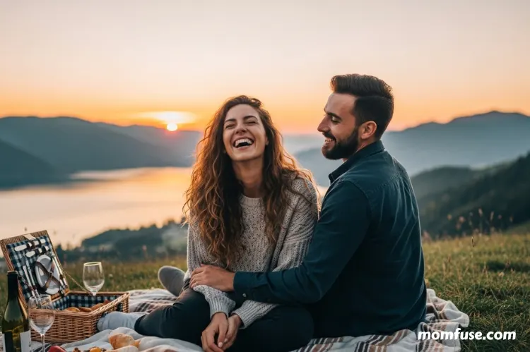 A joyful couple enjoying a weekend getaway outdoors.