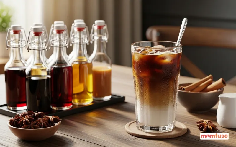 Cold brew coffee with milk, vanilla, cinnamon and syrup options on table.