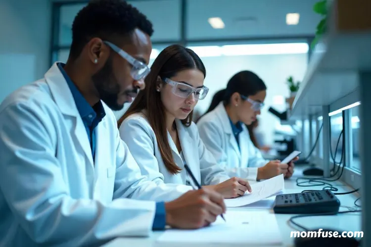 Three students in lab coats and safety goggles are seated at a long laboratory desk in work.