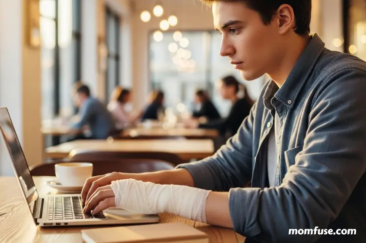 An injured individual working part-time using a laptop.