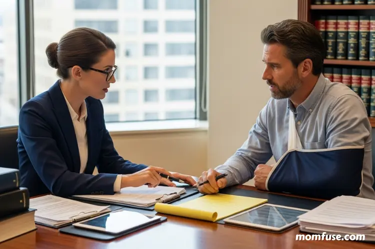 A professional personal injury lawyer consulting with an injured individual, legal documents.