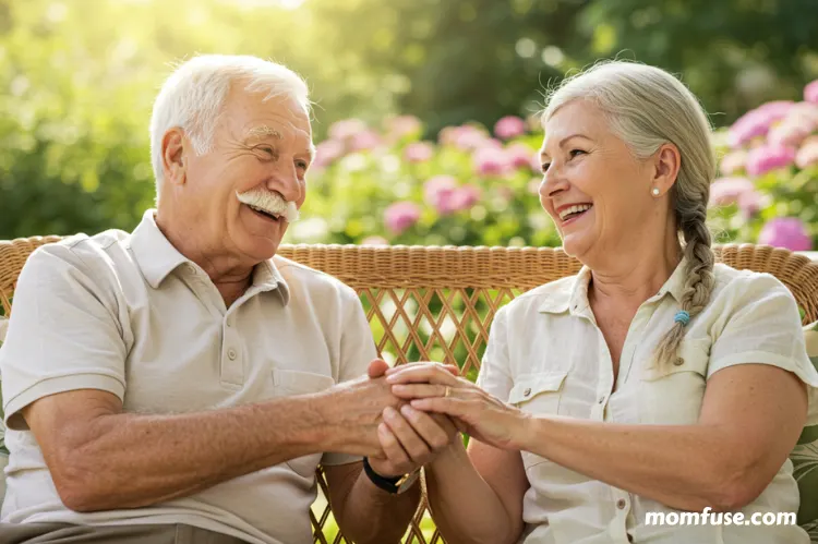 A cheerful elderly couple sitting together on a sunny porch, holding hands and smiling.