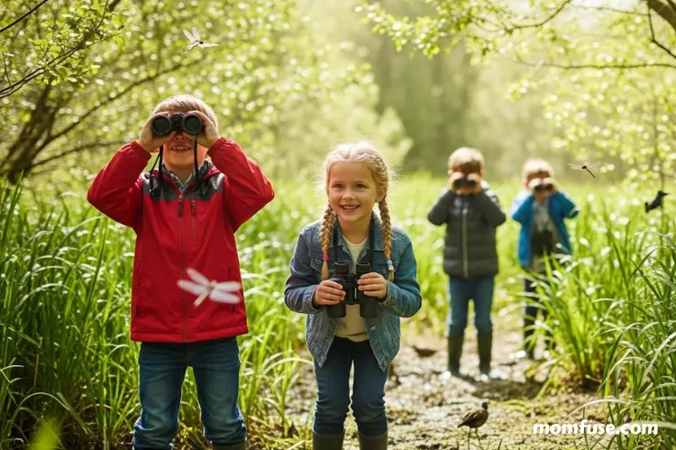 Kids exploring a wetland with binoculars.