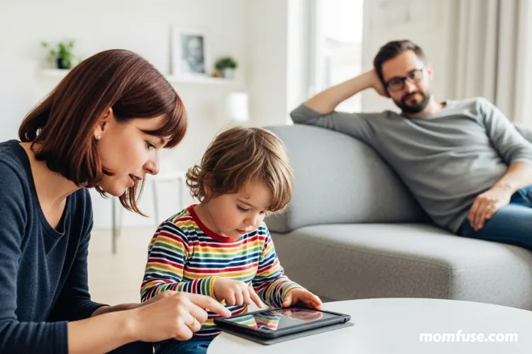 A modern family living room where a parent supervises a child using a tablet.