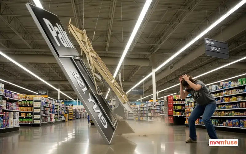 Overhead sign falling in retail store, person ducking.
