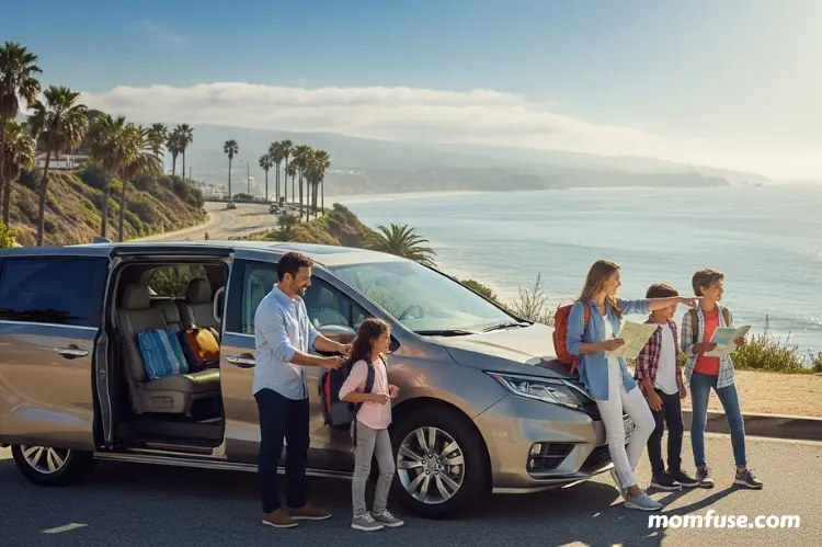 A warm, inviting family travel scene showing a minivan along a sunny Los Angeles.