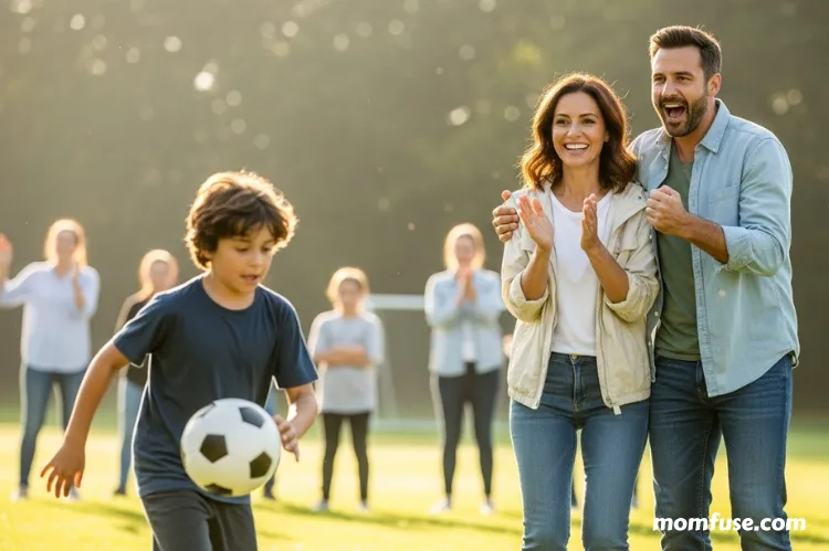 heartfelt image of a family attending a child’s sports game. Parents cheer from the sidelines.