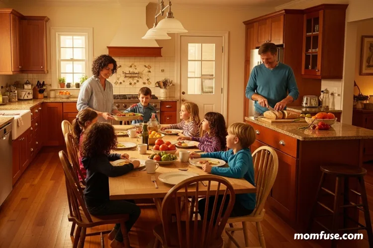 A cozy family kitchen filled with warm yellow light.