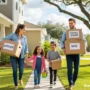A cheerful family carrying moving boxes into a new home, kids smiling, bright natural lighting.