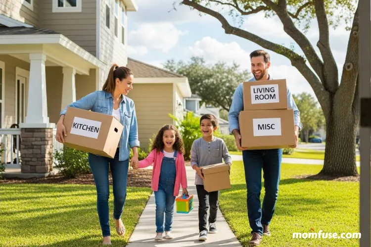 A cheerful family carrying moving boxes into a new home, kids smiling, bright natural lighting.