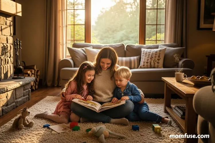 A warm and inviting family room with children and mother reading and playing on a soft carpet.