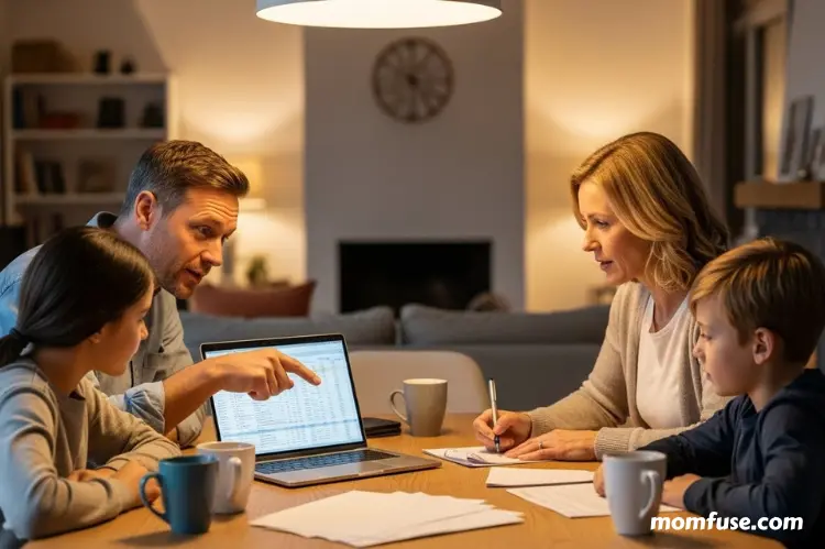 A warm, realistic scene of a family sitting at a dining table reviewing finances together, laptop open.