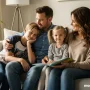 A family sitting together on a living room sofa, soft natural window light, calm but emotional atmosphere.