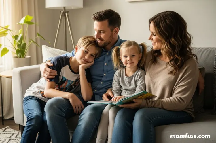 A family sitting together on a living room sofa, soft natural window light, calm but emotional atmosphere.