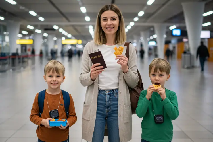 A cheerful mom at the airport with kids.