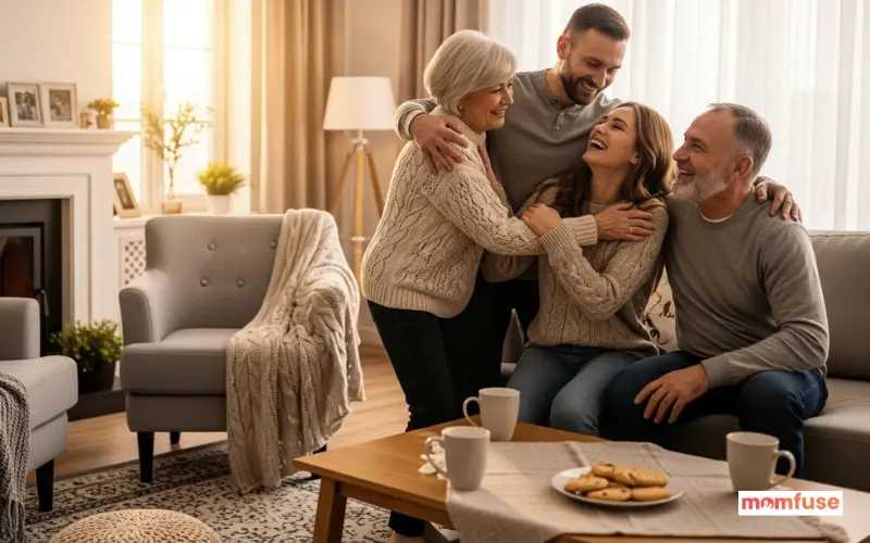 happy elderly parents hugging adult children during home visit, warm family moment, cozy living room.