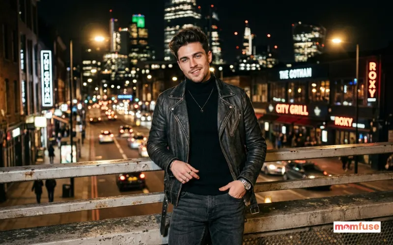 charismatic boy with confident smirk, stylish clothing, cinematic lighting, urban night background.